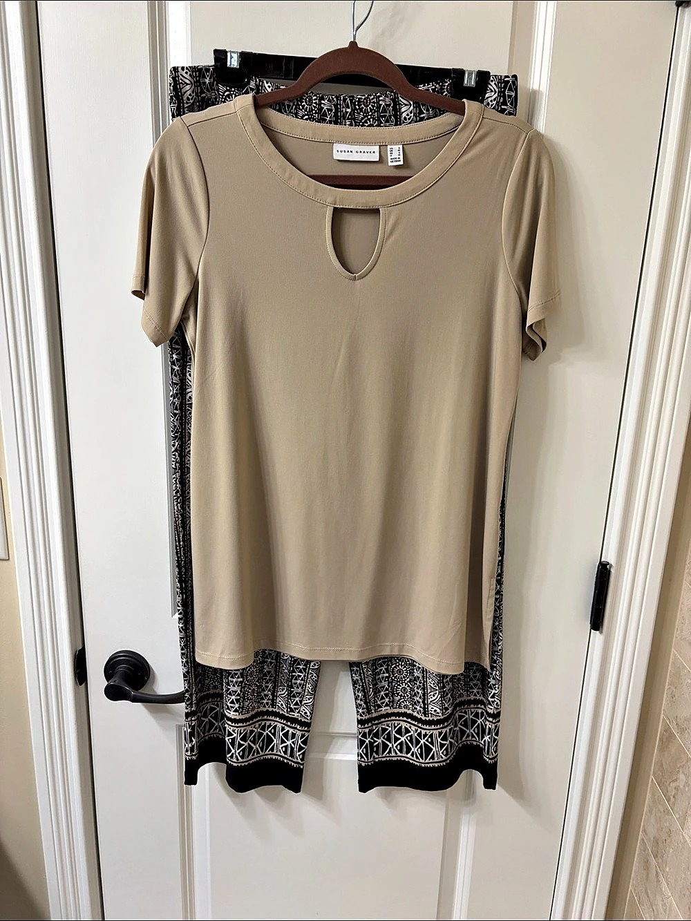 Susan Graver Liquid Knit Top & Printed Crop Pants Set Beige & Black